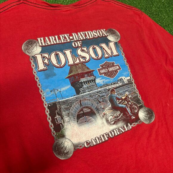 Vintage Harley Davidson Folsom California Graphic Red Tee Shirt Size XL Y2K 90s - Picture 2 of 7